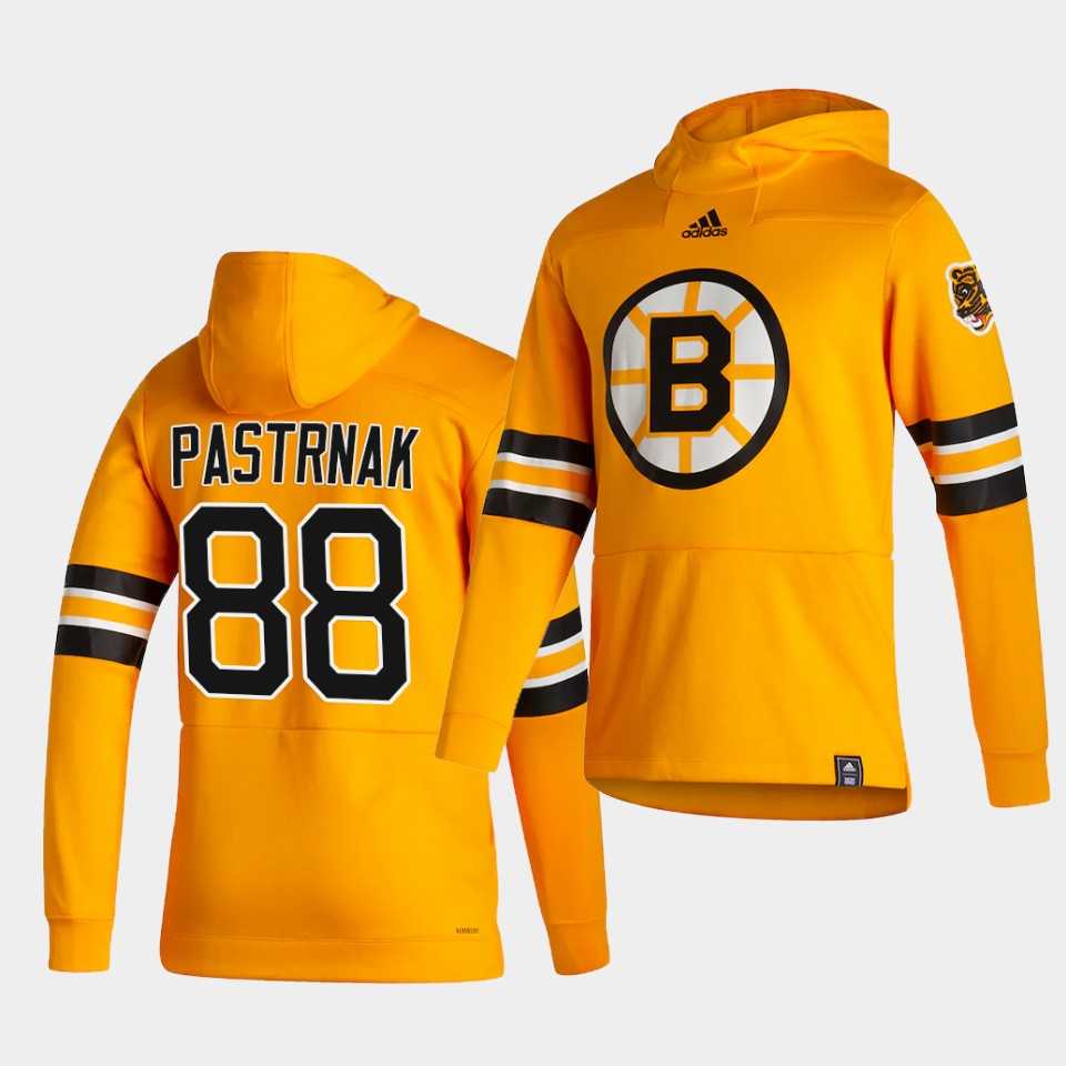 Men Boston Bruins 88 Pastrnak Yellow NHL 2021 Adidas Pullover Hoodie Jersey